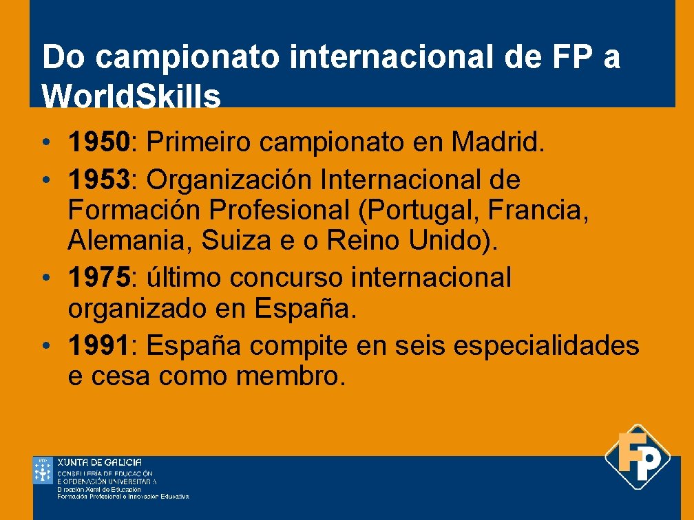 Do campionato internacional de FP a World. Skills • 1950: Primeiro campionato en Madrid.