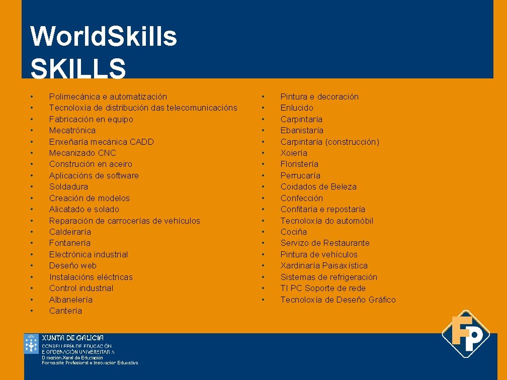 World. Skills SKILLS • • • • • Polimecánica e automatización Tecnoloxía de distribución