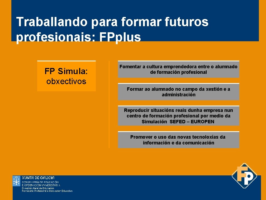 Traballando para formar futuros profesionais: FPplus FP Simula: obxectivos Fomentar a cultura emprendedora entre