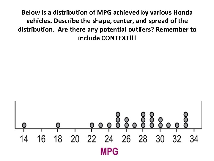 Below is a distribution of MPG achieved by various Honda vehicles. Describe the shape, Below is a distribution of MPG achieved by various Honda vehicles. Describe the shape,