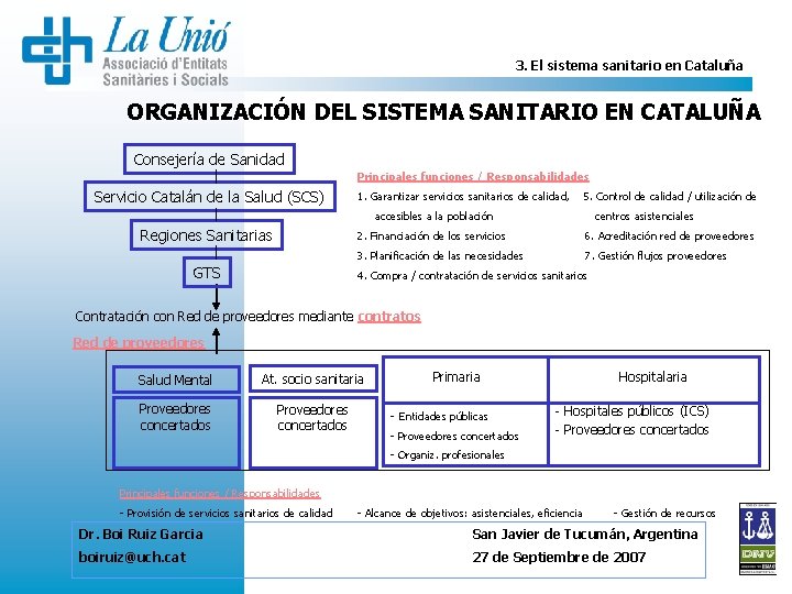 3. El sistema sanitario en Cataluña ORGANIZACIÓN DEL SISTEMA SANITARIO EN CATALUÑA Consejería de