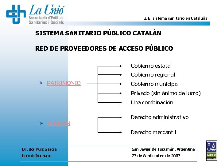 3. El sistema sanitario en Cataluña SISTEMA SANITARIO PÚBLICO CATALÁN RED DE PROVEEDORES DE