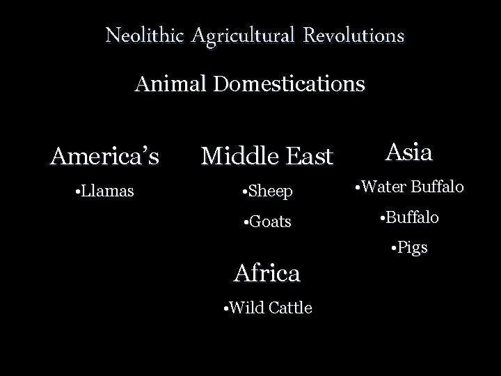 Neolithic Agricultural Revolutions Animal Domestications America’s Middle East Asia • Llamas • Sheep •