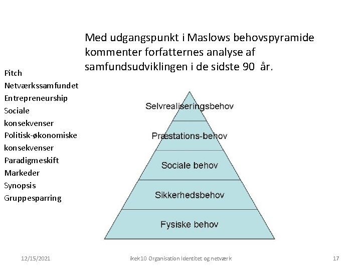 Pitch Netværkssamfundet Entrepreneurship Sociale konsekvenser Politisk-økonomiske konsekvenser Paradigmeskift Markeder Synopsis Gruppesparring 12/15/2021 Med udgangspunkt