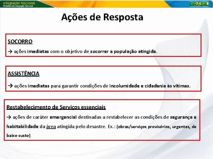 Ações de Resposta SOCORRO → ações imediatas com o objetivo de socorrer a população