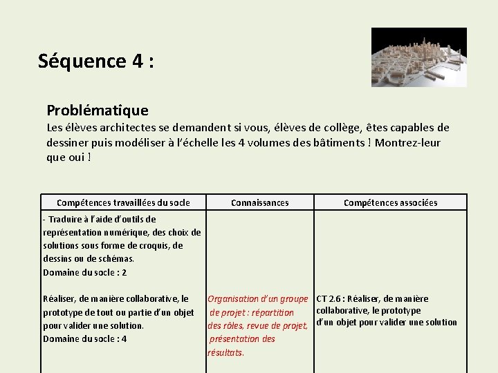 Séquence 4 : Problématique Les élèves architectes se demandent si vous, élèves de collège,