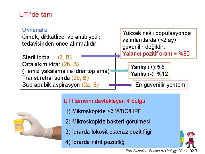 UTI’de tanı Ürinanaliz Örnek, dikkatlice ve antibiyotik tedavisinden önce alınmalıdır. Steril torba (3, B)