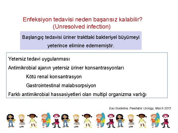 Enfeksiyon tedavisi neden başarısız kalabilir? (Unresolved infection) Başlangıç tedavisi üriner trakttaki bakteriyel büyümeyi yeterince