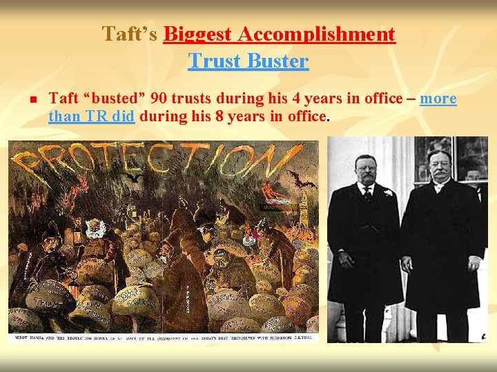 Taft’s Biggest Accomplishment Trust Buster n Taft “busted” 90 trusts during his 4 years