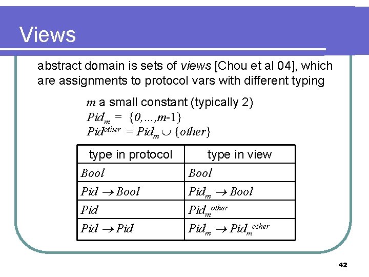 Views abstract domain is sets of views [Chou et al 04], which are assignments