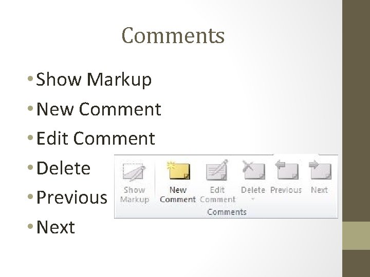 Comments • Show Markup • New Comment • Edit Comment • Delete • Previous