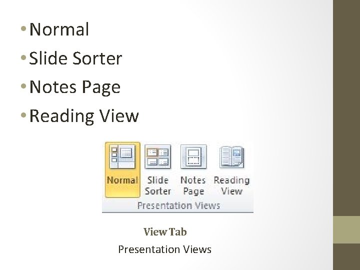  • Normal • Slide Sorter • Notes Page • Reading View Tab Presentation