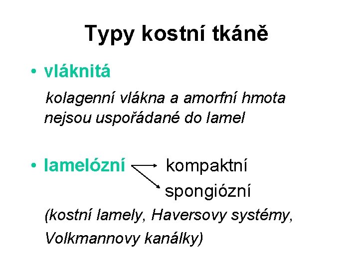 Typy kostní tkáně • vláknitá kolagenní vlákna a amorfní hmota nejsou uspořádané do lamel