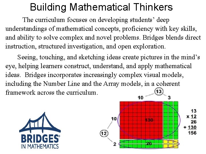 Building Mathematical Thinkers The curriculum focuses on developing students’ deep understandings of mathematical concepts,