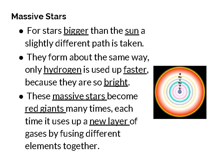 Massive Stars ● For stars bigger than the sun a slightly different path is