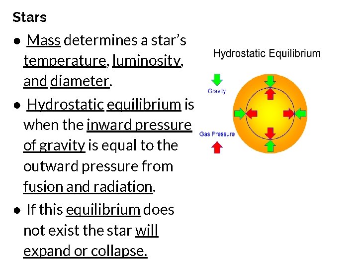 Stars ● Mass determines a star’s temperature, luminosity, and diameter. ● Hydrostatic equilibrium is