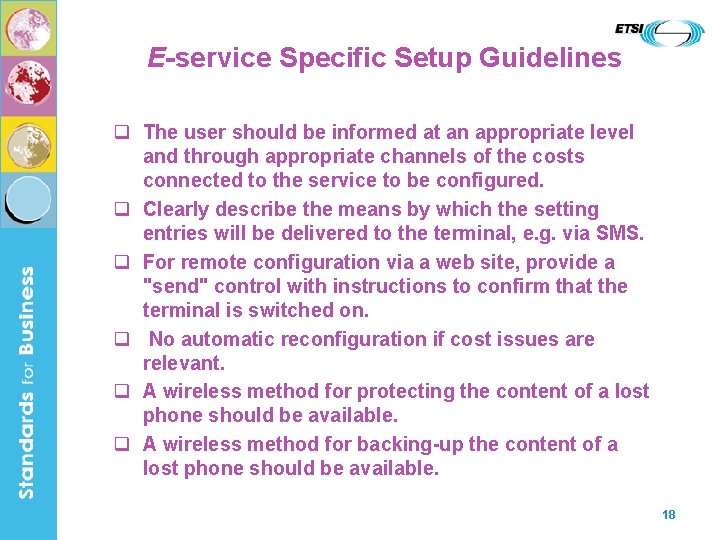 E-service Specific Setup Guidelines q The user should be informed at an appropriate level