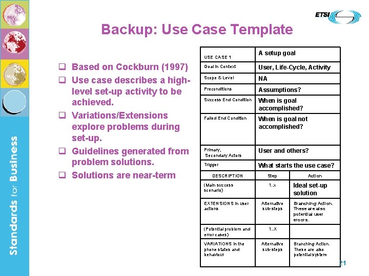 Backup: Use Case Template USE CASE 1 q Based on Cockburn (1997) q Use
