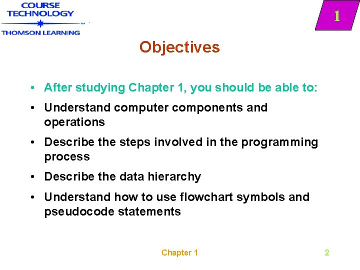 1 Objectives • After studying Chapter 1, you should be able to: • Understand