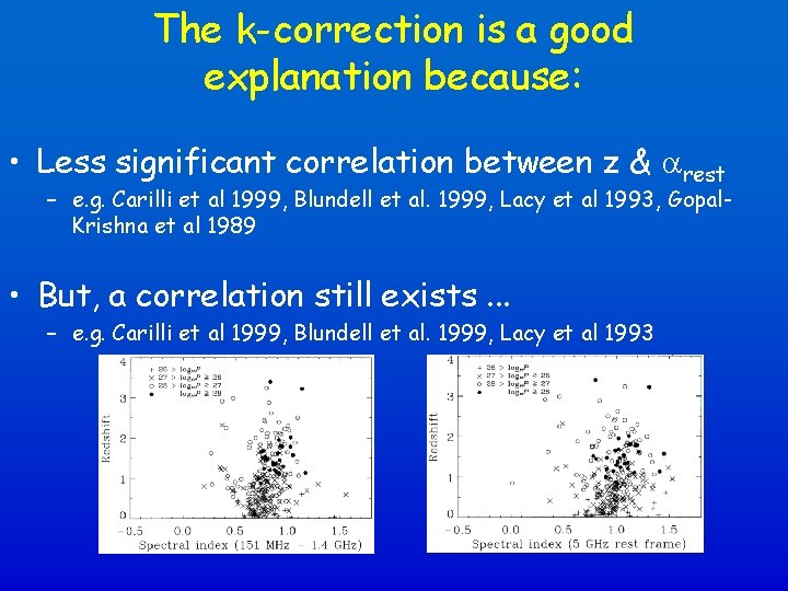 The k-correction is a good explanation because: • Less significant correlation between z &