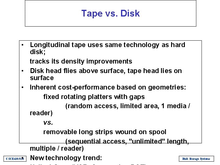 Tape vs. Disk • Longitudinal tape uses same technology as hard disk; tracks its