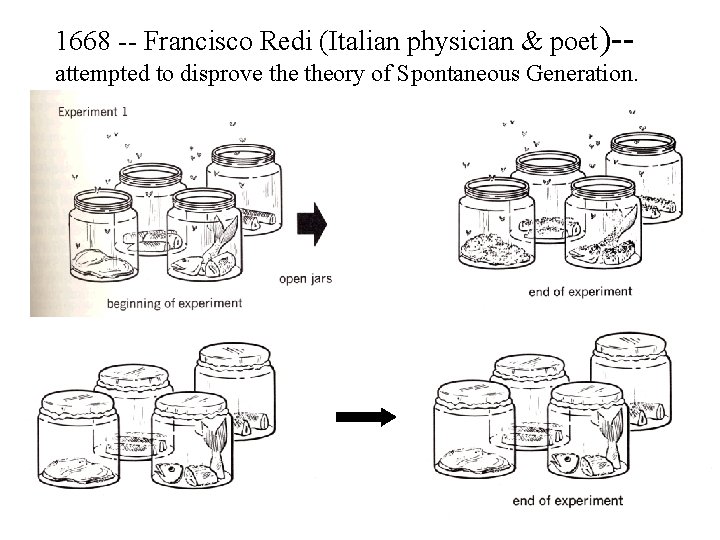 1668 -- Francisco Redi (Italian physician & poet)-attempted to disprove theory of Spontaneous Generation.