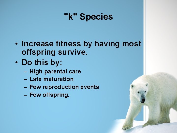 "k" Species • Increase fitness by having most offspring survive. • Do this by: