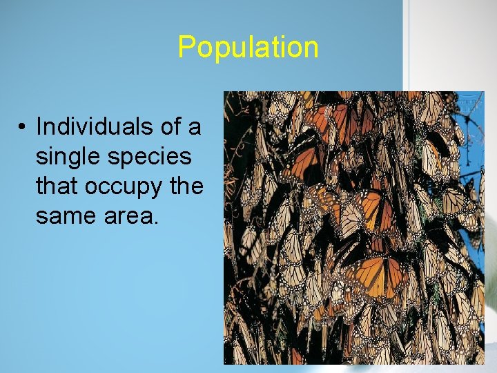 Population • Individuals of a single species that occupy the same area. 