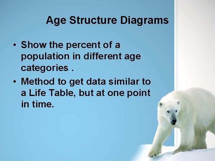 Age Structure Diagrams • Show the percent of a population in different age categories.