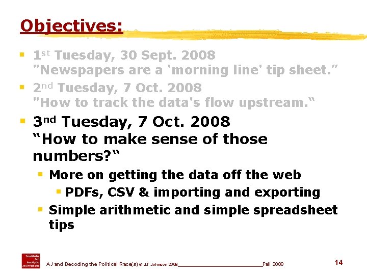 Objectives: § 1 st Tuesday, 30 Sept. 2008 "Newspapers are a 'morning line' tip