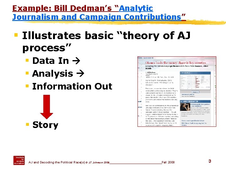 Example: Bill Dedman’s “Analytic Journalism and Campaign Contributions” § Illustrates basic “theory of AJ