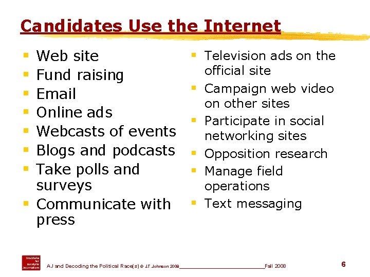 Candidates Use the Internet Web site Fund raising Email Online ads Webcasts of events