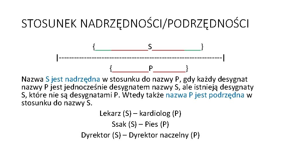 STOSUNEK NADRZĘDNOŚCI/PODRZĘDNOŚCI {_______S______} |---------------------------------| {_____P____} Nazwa S jest nadrzędna w stosunku do nazwy P,