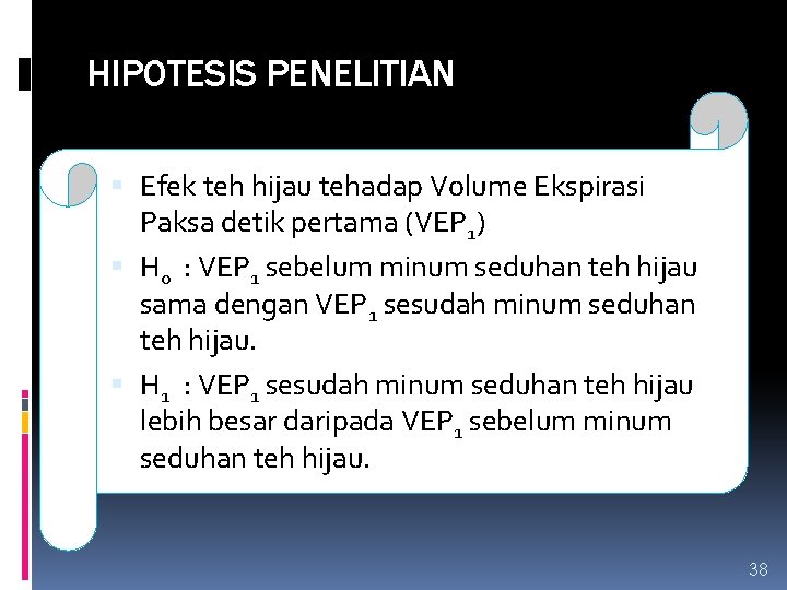 HIPOTESIS PENELITIAN Efek teh hijau tehadap Volume Ekspirasi Paksa detik pertama (VEP 1) H