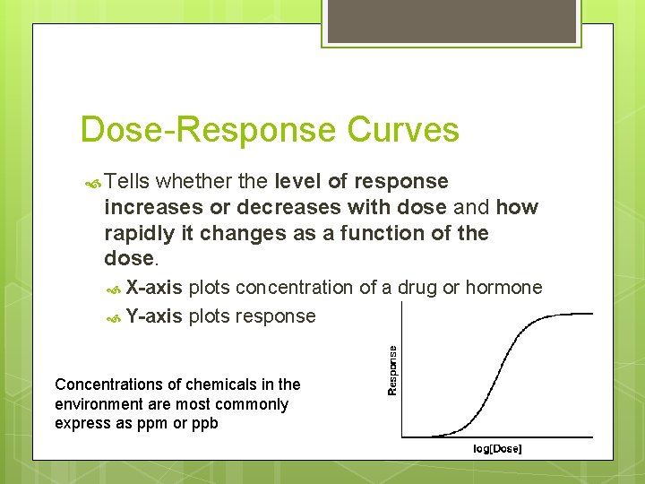 Dose-Response Curves Tells whether the level of response increases or decreases with dose and