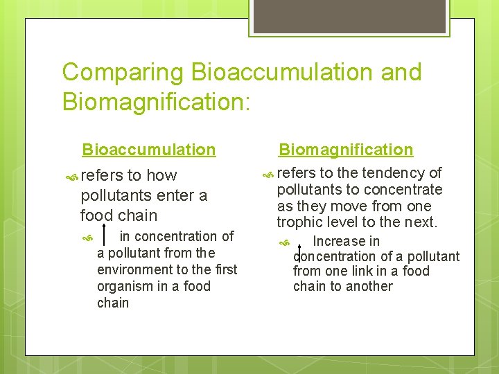 Comparing Bioaccumulation and Biomagnification: Bioaccumulation refers to how pollutants enter a food chain in