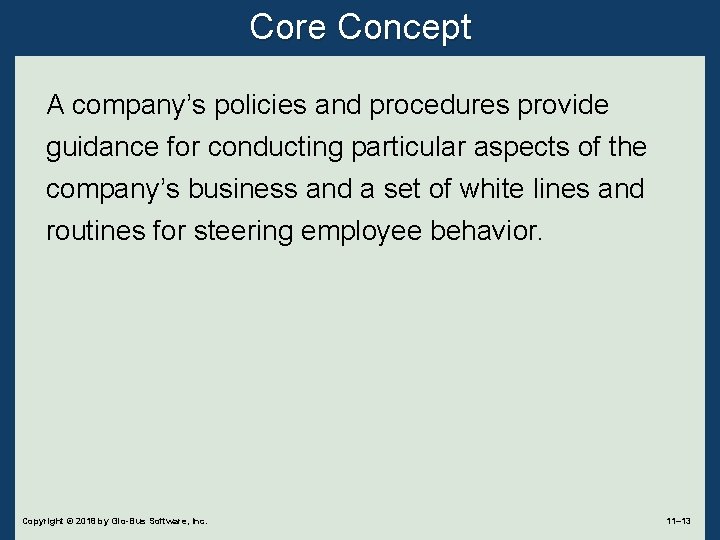 Core Concept A company’s policies and procedures provide guidance for conducting particular aspects of