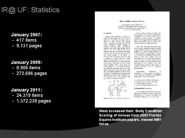 IR@ UF: Statistics January 2007: - 417 items - 9, 131 pages January 2009: