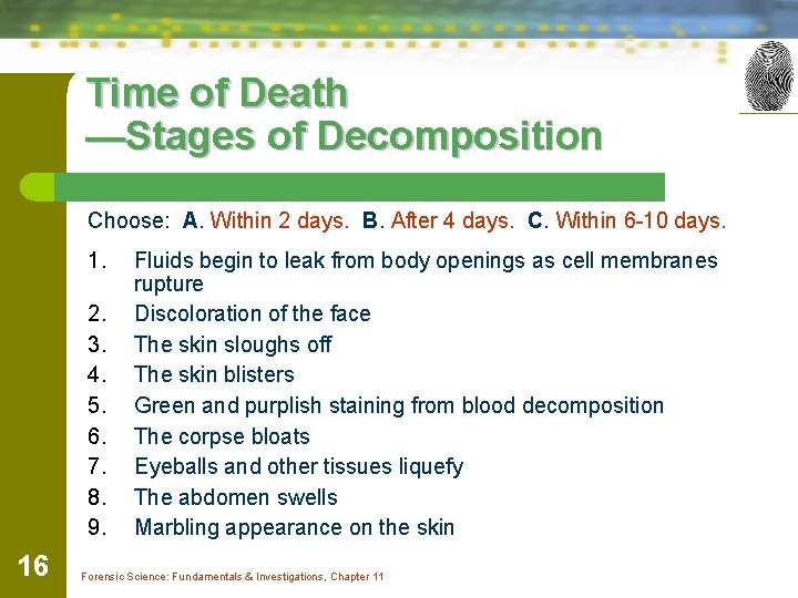 Time of Death —Stages of Decomposition Choose: A. Within 2 days. B. After 4