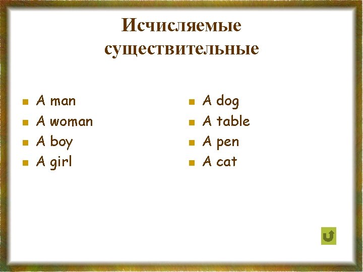 Исчисляемые существительные n n A man A woman A boy A girl n n