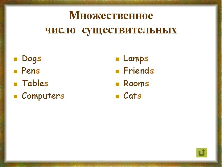 Множественное число существительных n n Dogs Pens Tables Computers n n Lamps Friends Rooms