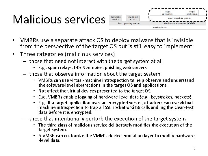 Malicious services • VMBRs use a separate attack OS to deploy malware that is