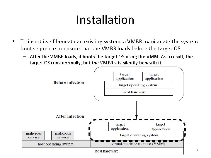 Installation • To insert itself beneath an existing system, a VMBR manipulate the system