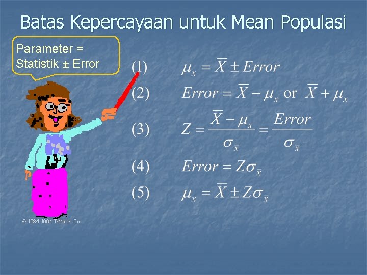 Batas Kepercayaan untuk Mean Populasi Parameter = Statistik ± Error © 1984 -1994 T/Maker
