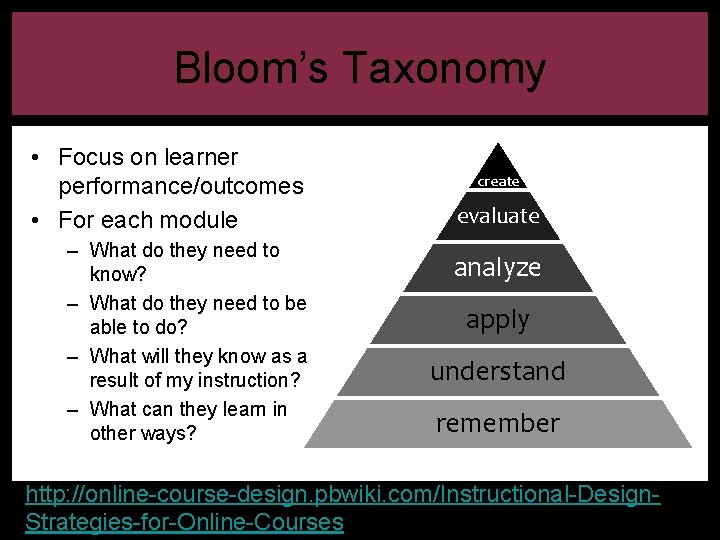 Bloom’s Taxonomy • Focus on learner performance/outcomes • For each module – What do