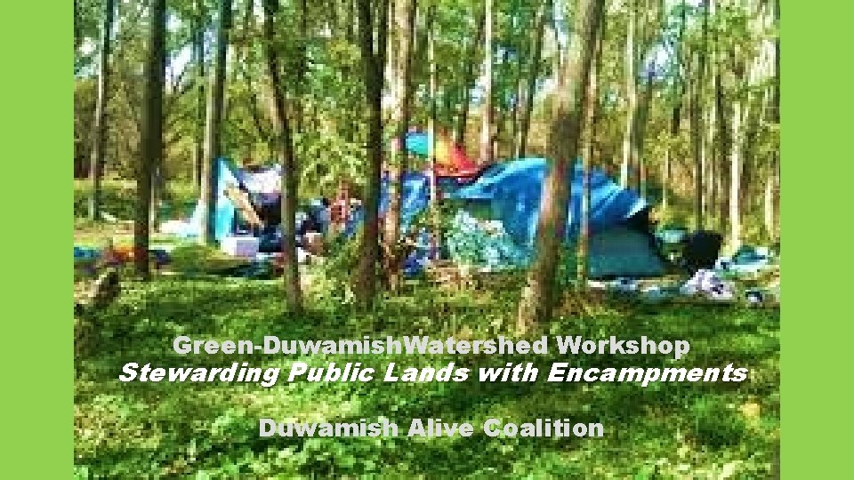 Green-Duwamish. Watershed Workshop Stewarding Public Lands with Encampments Duwamish Alive Coalition 