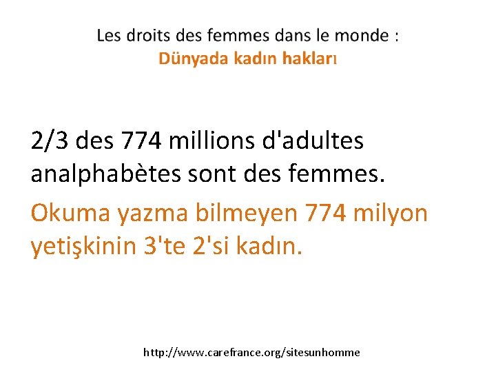 2/3 des 774 millions d'adultes analphabètes sont des femmes. Okuma yazma bilmeyen 774 milyon