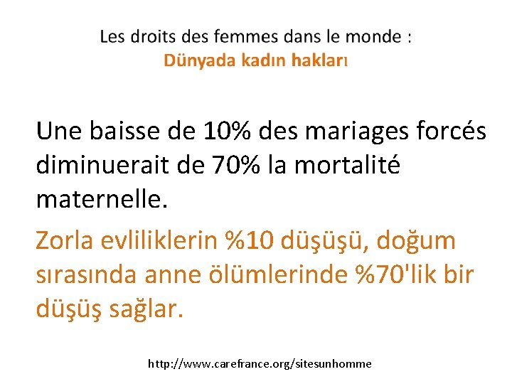 Une baisse de 10% des mariages forcés diminuerait de 70% la mortalité maternelle. Zorla