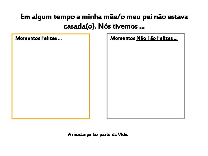 Em algum tempo a minha mãe/o meu pai não estava casada(o). Nós tivemos …