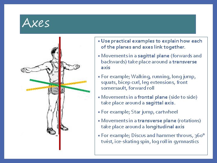 Axes • Use practical examples to explain how each of the planes and axes